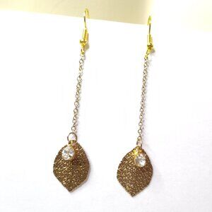 VINTAGE LEAF EARRINGS GOLD TONE CHAIN DROP DANGLE RHINESTONES HOOK